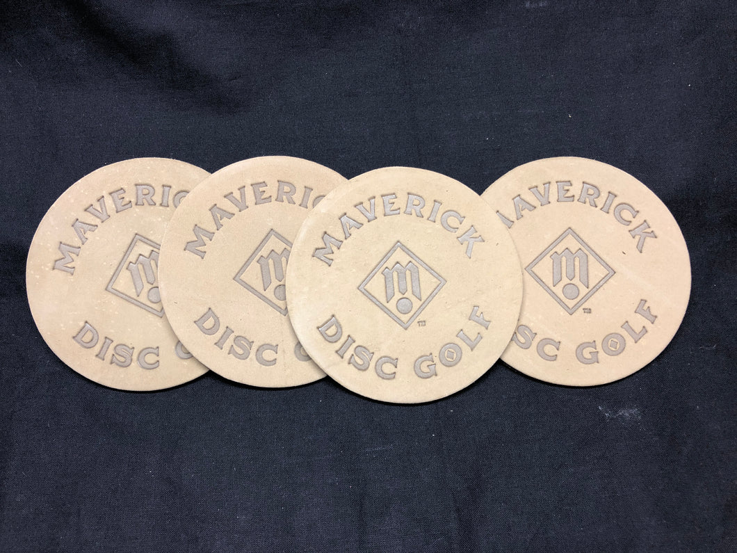 Leather coasters mini markers, Maverick Disc Golf circle stamp